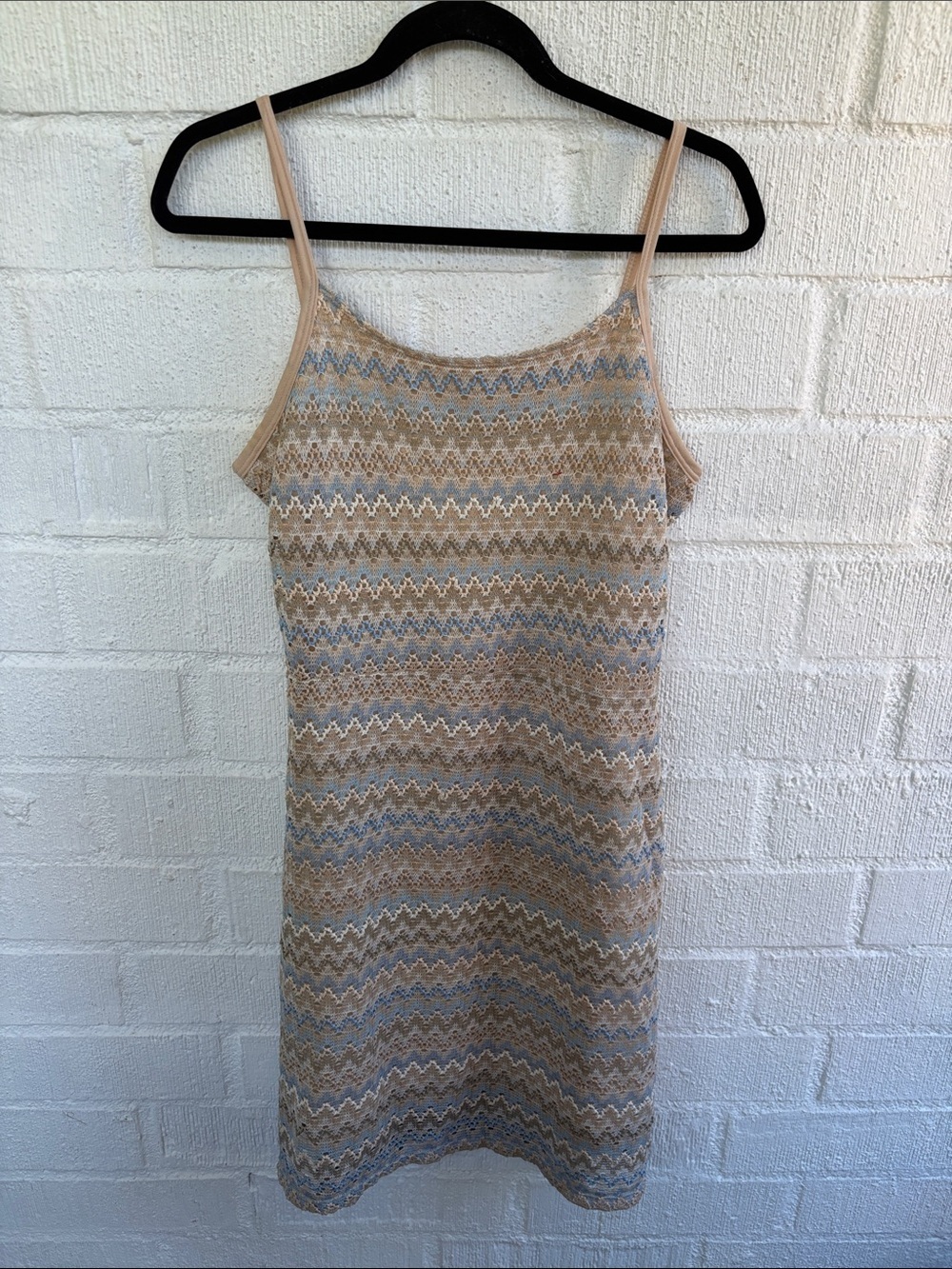 Rave Crochet y2K Beige and Light Blue Zigzag Knit Mini Dress sz L